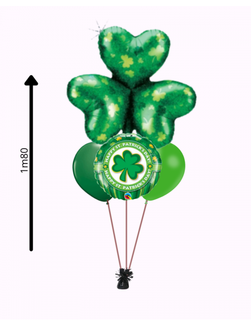 Bouquet de Ballons de St Patrick avec deux ballons latex, un ballon moyen et un ballon grand en forme de trèfle vert