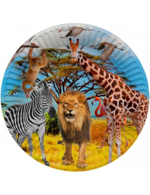 Assiettes Fête Safari 23cm 8 pièces Modèle A: assiette avec lion, girafe, zèbre.