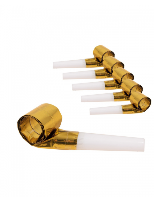 Party whistles in golden metallic colours