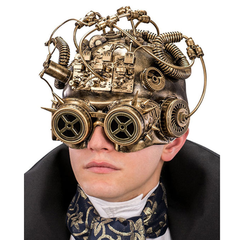 Masque Steampunk doré à engrenages porté par un modèle — Partyshop Luxembourg