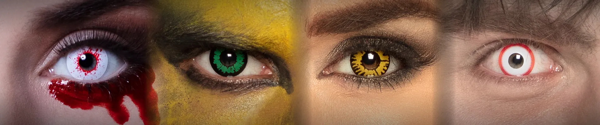Lentilles fantaisie Halloween : blanc ensanglanté, vert, jaune, cible rouge