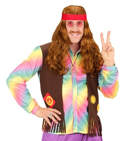 Perruque hippie brune pour homme avec bandeau et moustache 2
