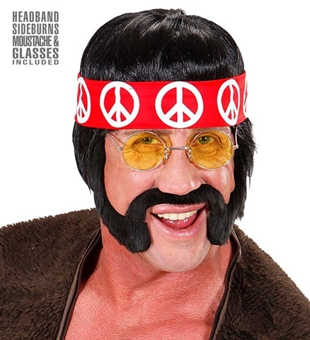 Perruque hippie noire pour homme avec bandeau et moustache 2