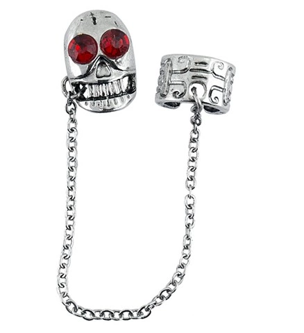 Boucle d'oreille tête de mort à strass rouges 2