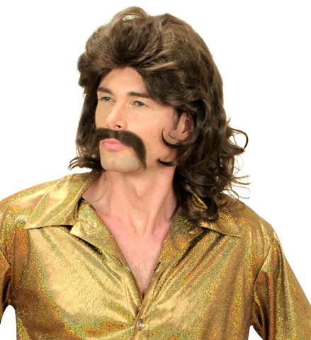 Perruque années 70 brune bouclée avec moustache 2