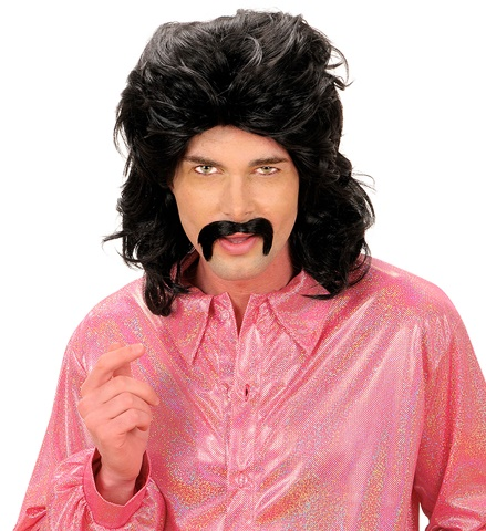 Perruque années 70 noire bouclée avec moustache 2