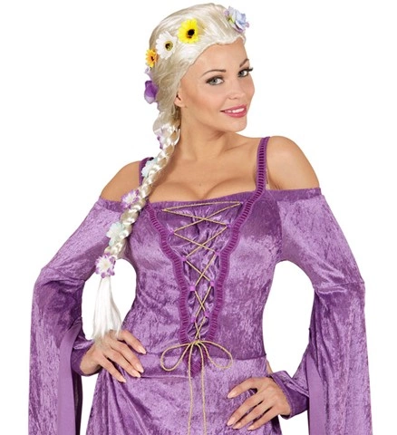 Perruque blonde avec tresse et fleurs 2
