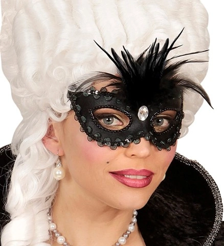 Loup vénitien noir brillant avec pierre, perles, paillettes et plumes 3