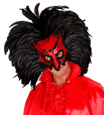 Masque vénitien de démon rouge avec plumes noires 2
