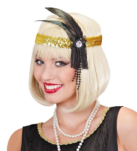 Bandeau années 20 à sequins dorés, plumes et perles 2