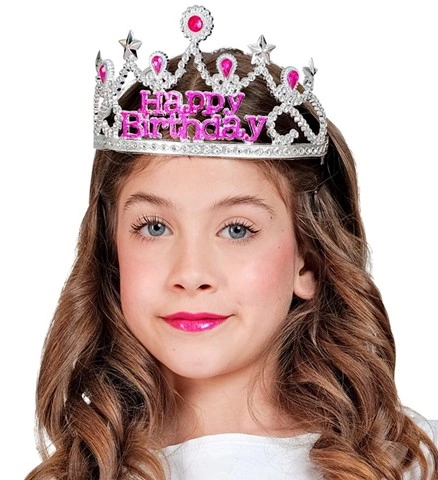 Diadème argenté Happy Birthday rose 3