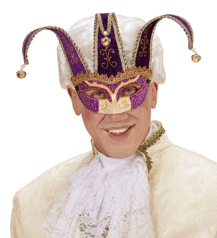 Masque de bouffon violet et or à clochettes 2
