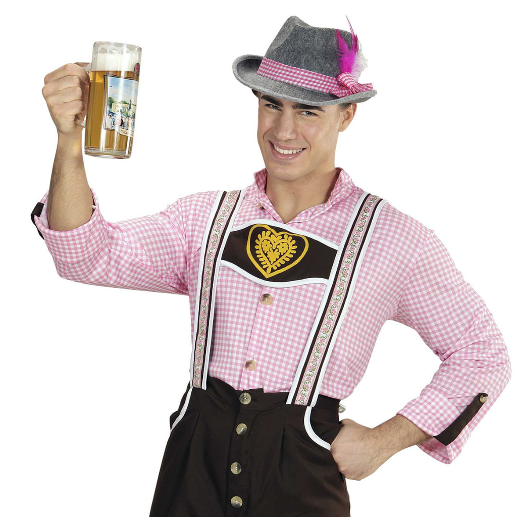 Chapeau Bavarois Gris avec bandeau ROSE et BLANC
