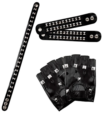 Gants de motard rockeur avec 2 bracelets et ras-de-cou cloutés 2