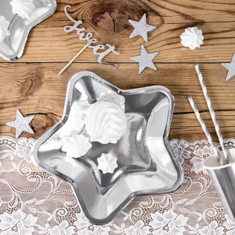 Assiettes étoile argent 18 cm, paquet de 6