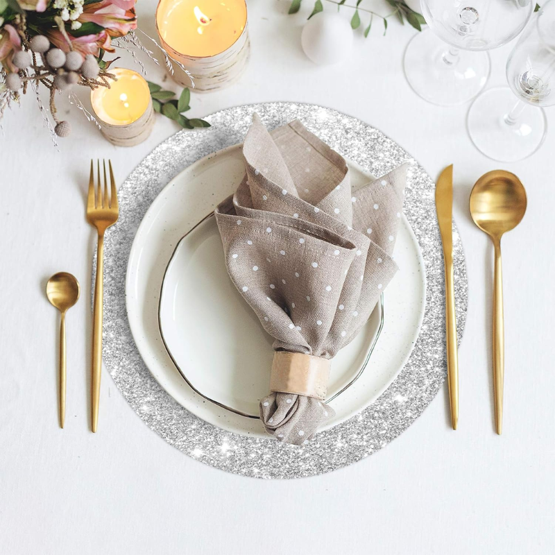 6 Sets de table argent ronds à paillettes