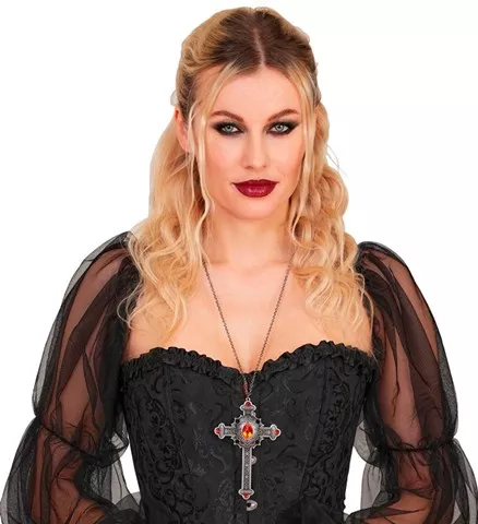 Collier croix gothique pierres rouges 4