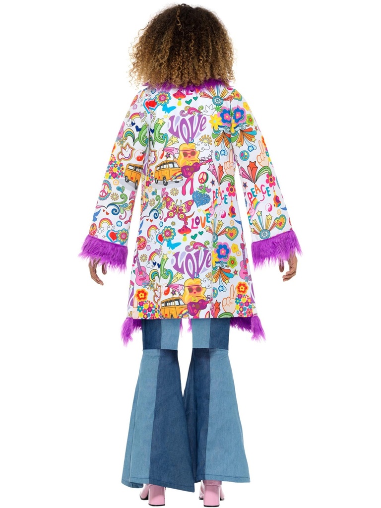 Déguisement manteau hippie groovy années 60 femme – imprimé psychédélique et fausse fourrure violette – vue 2