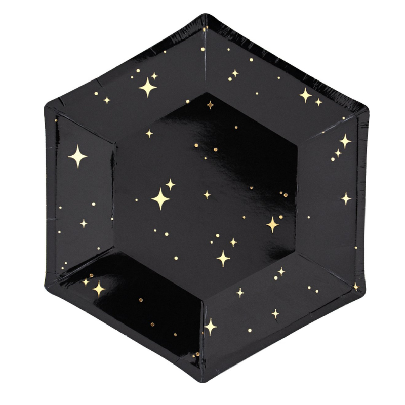 Assiettes hexagonales noires et étoiles or - Lot de 6