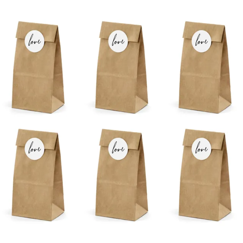 Sachets kraft et stickers "love", lot de 6