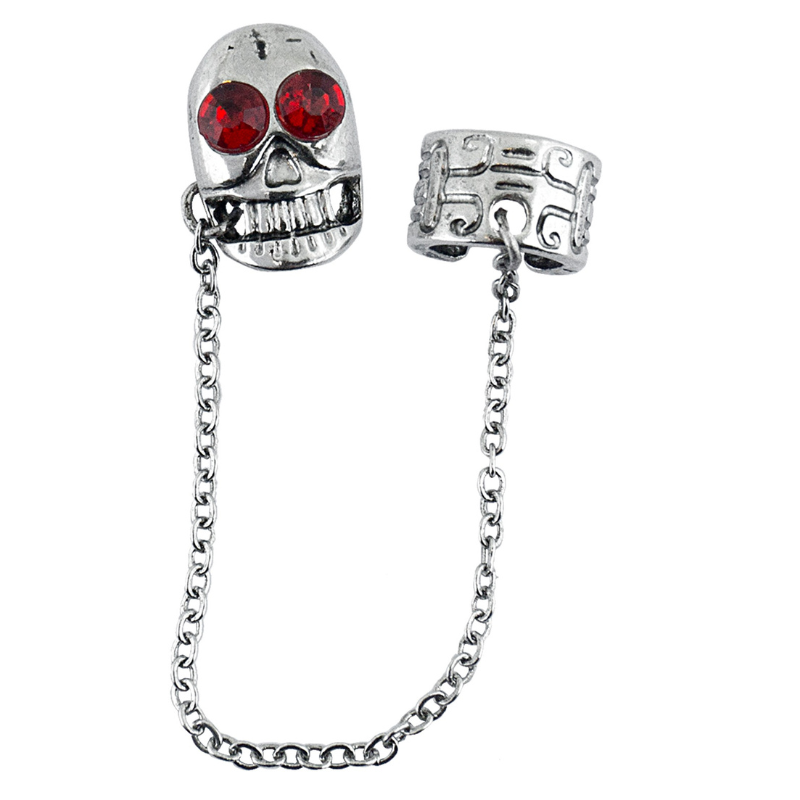 Boucle d'oreille tête de mort avec strass rouges