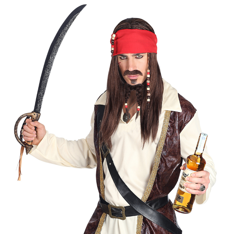 Perruque Pirate des Caraïbes avec bandana, moustache et barbiche à perles