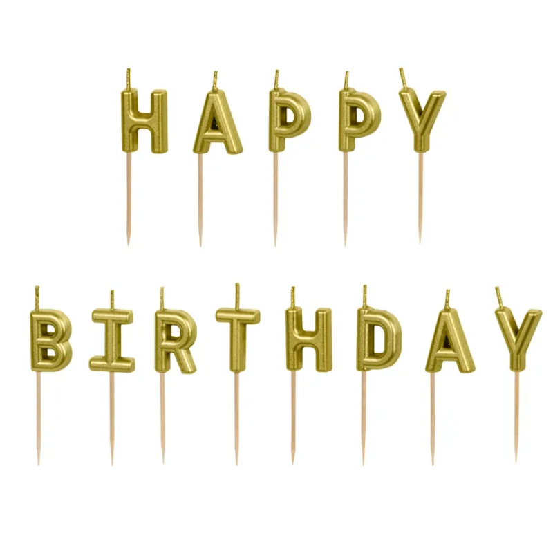 Bougies dorées "Happy Birthday" 2,5 cm