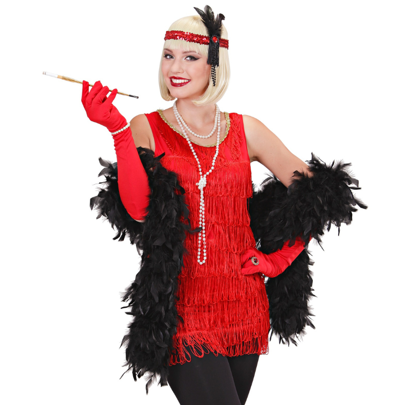 Bandeau rouge à paillettes rouge avec plumes et perles