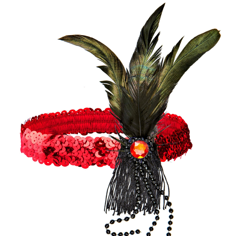 Bandeau rouge à paillettes rouge avec plumes et perles