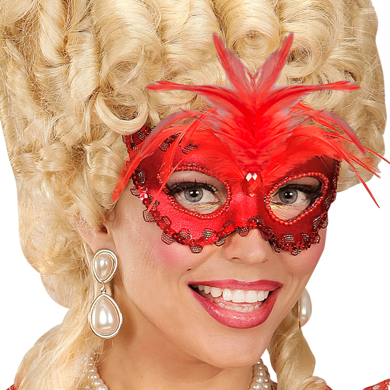 Masque loup en métal Rouge avec Pierre, Perles, Paillettes & Plumes