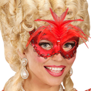 Masque loup en métal Rouge avec Pierre, Perles, Paillettes & Plumes