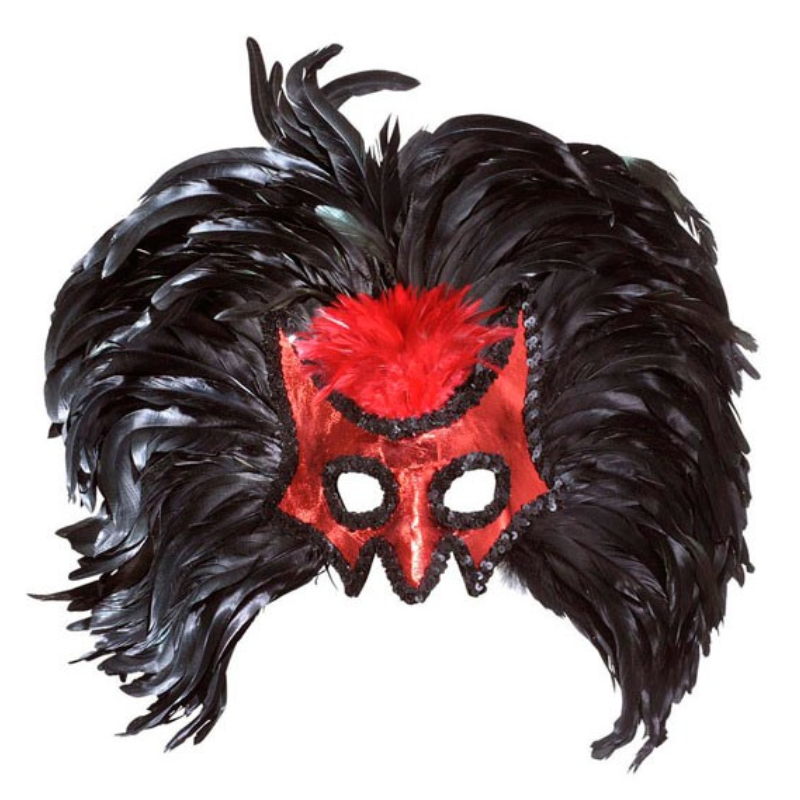Masque vénitien de démon rouge avec plumes noires