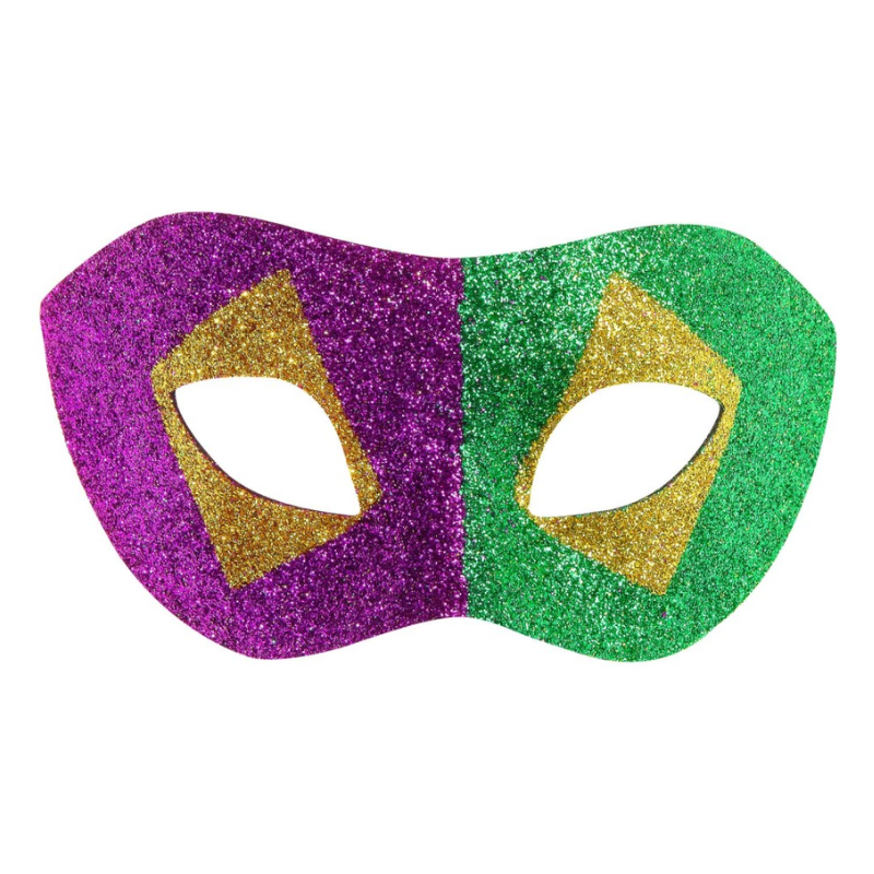 Masque vénitien violet, vert et or pailleté 