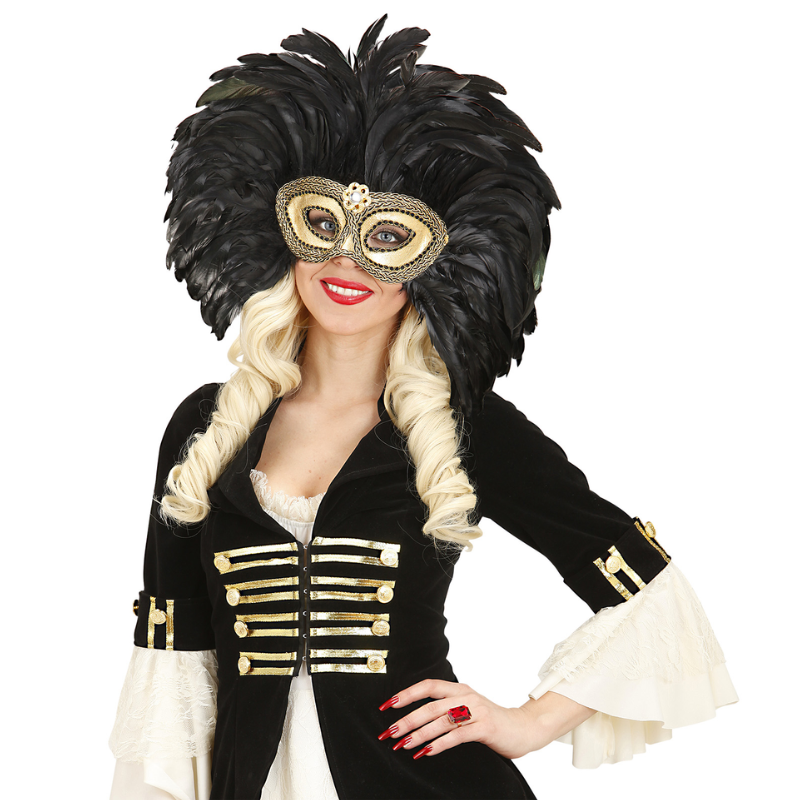 Masque vénitien doré avec strass et plumes