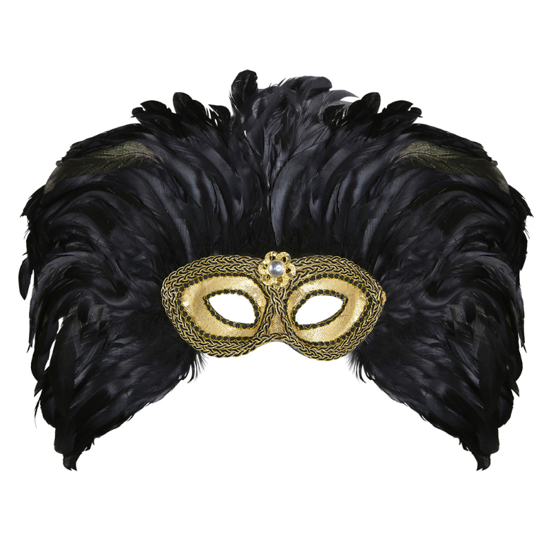 Masque vénitien doré avec strass et plumes