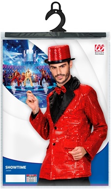VESTE ROUGE EN PAILLETTES AVEC COL SATIN T.XL