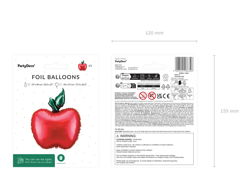 Ballon en aluminium Pomme, 57x69 cm, mix