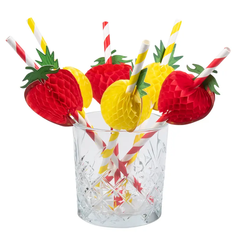 6 Pailles en papier fraise/ananas 20 cm