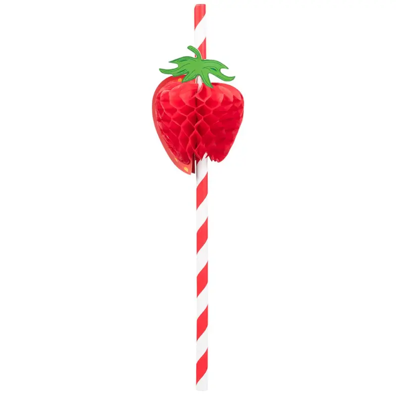 6 Pailles en papier fraise 20 cm