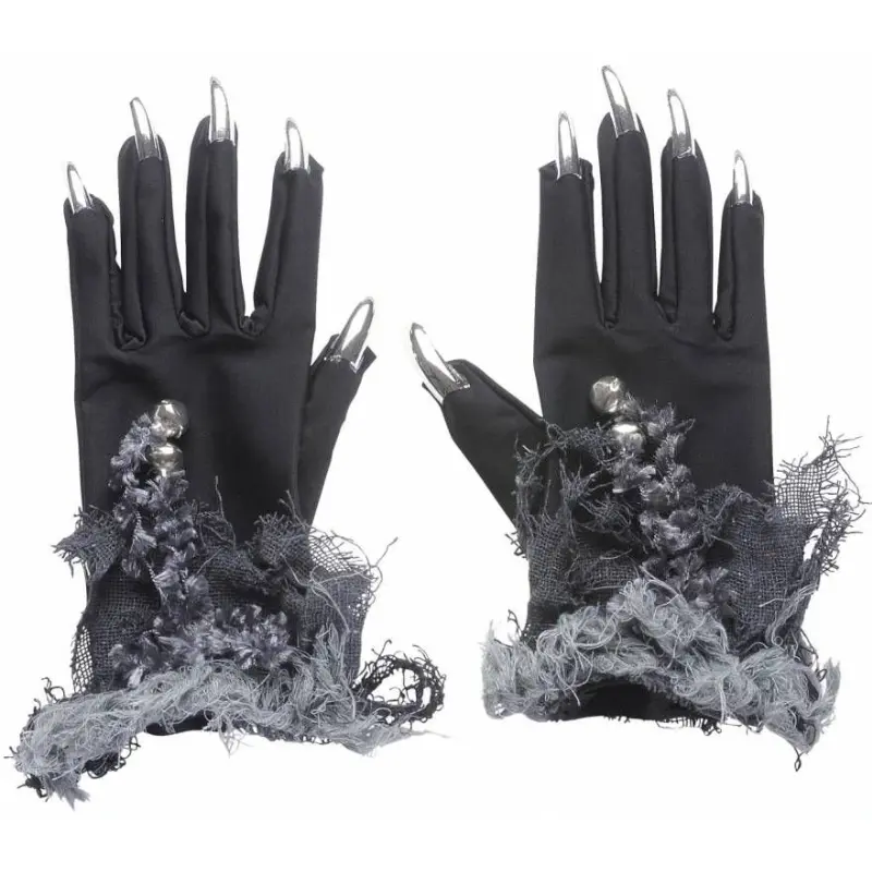 Gants de sorcière avec clochettes et faux-ongles argent