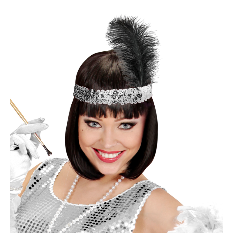 [WID01944] Headband Charleston with feather (Argent)