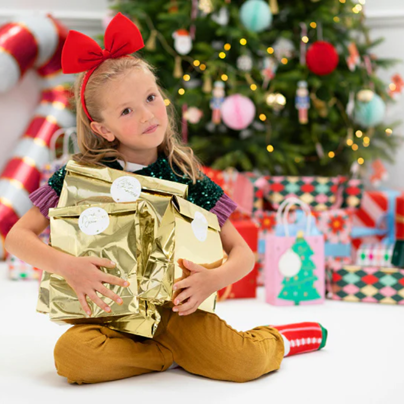 [PARTNP13] Sachets cadeaux or et stickers "Merry Christmas", paquet de 3