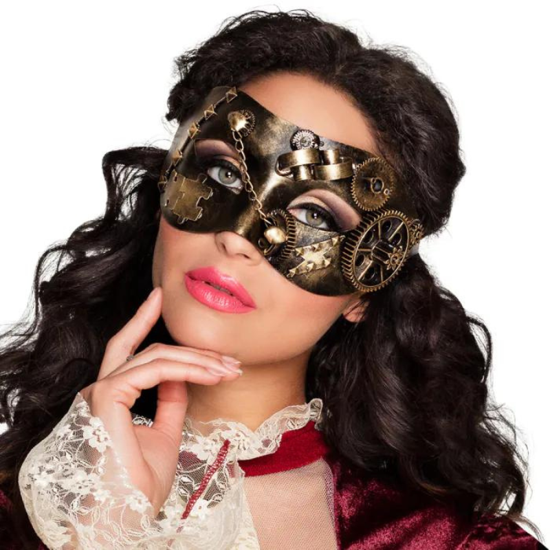 [BOL00209] Steampunk-Augenmaske in Bronzeoptik mit Zahnrädern, Ketten und Nieten