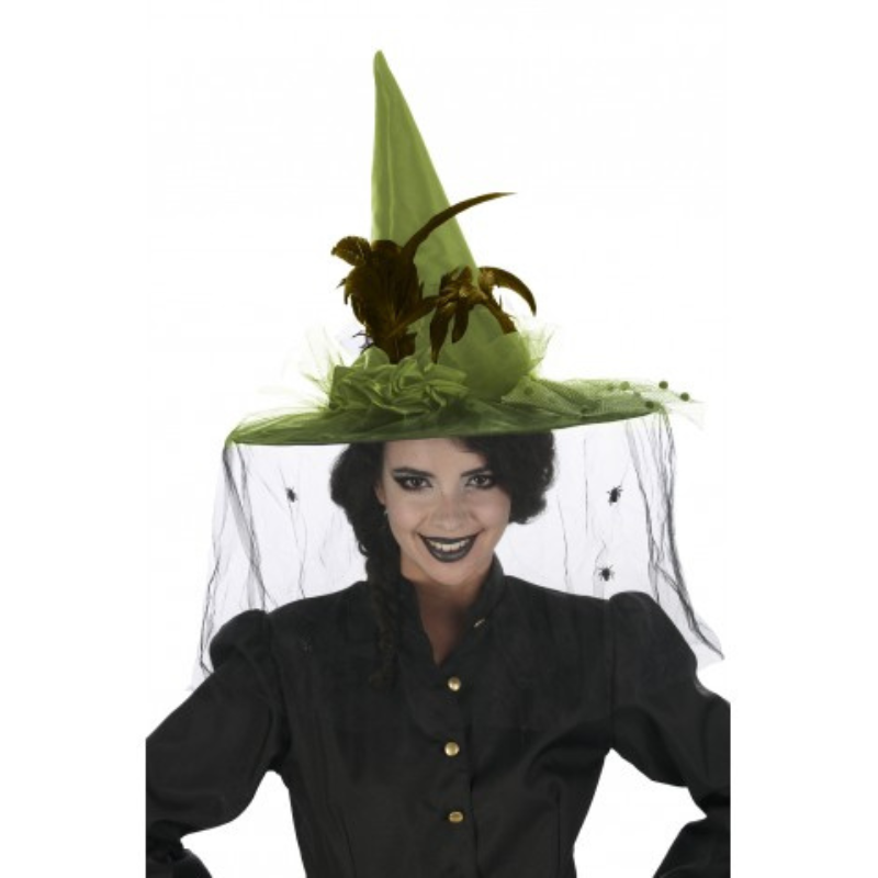 Chapeau sorcière de luxe avec plumes et voile