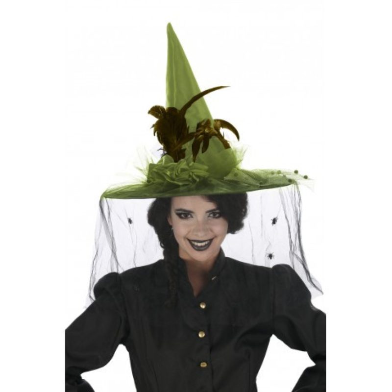 [CHA12254-20] Deluxe Witch Hat with Feathers and Veil (Vert)