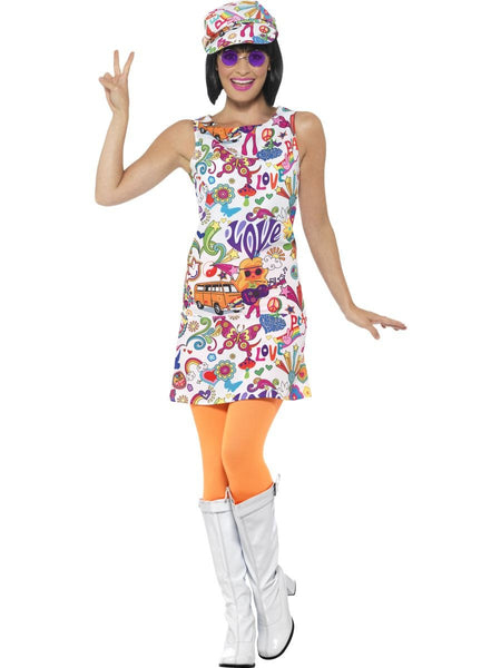 Costume Groovy Chick 60's, multicolore, avec robe et chapeau