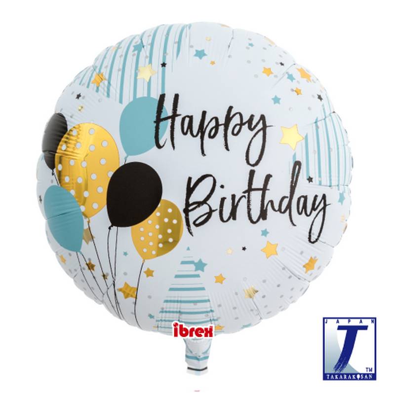 Ballon alu Happy Birthday ballons bleu et or 14"/35 cm - Takarakosan