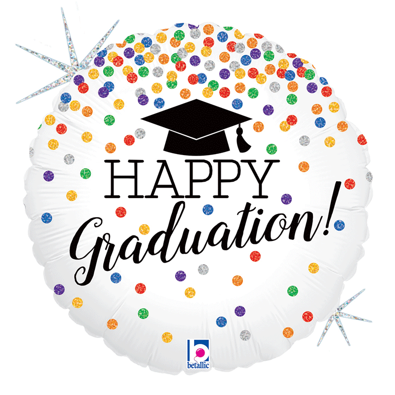 Ballon alu "Happy Graduation" blanc à pois holographique 18"
