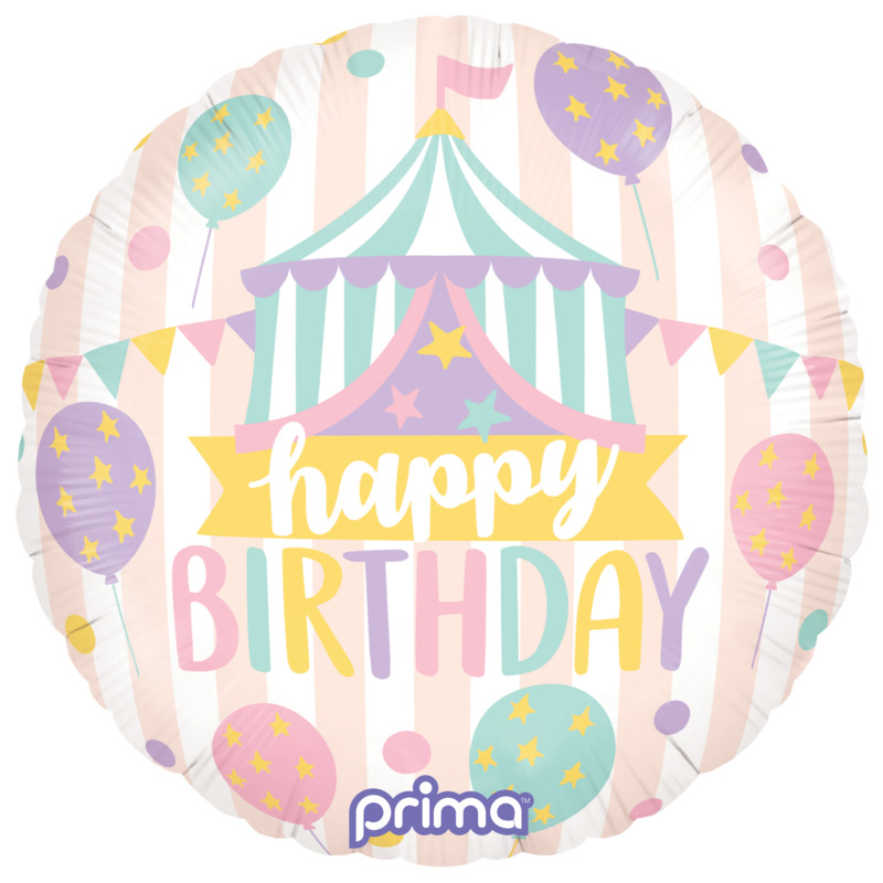 [ABCPF-PCIR-18] Foil Balloon "Happy Birthday" Pastel Circus 18" - Prima