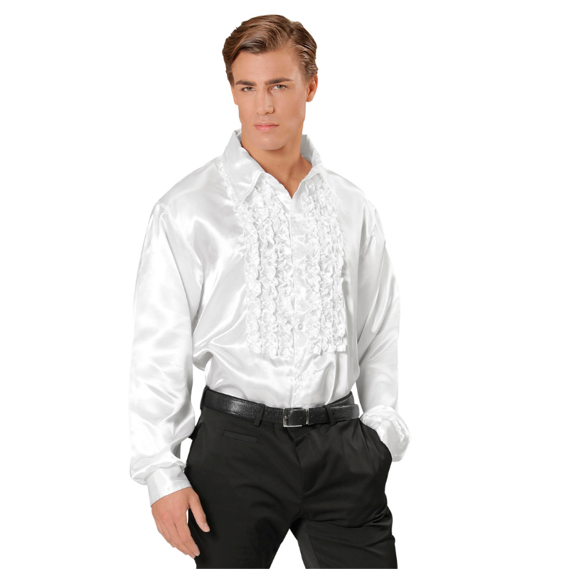 [WID01169] Chemise à jabot en satin  (XL, Blanc)